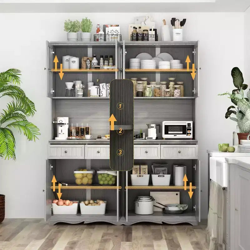 Buffet-bahut de rangement gris de 155,4 cm avec garniture de base ornée