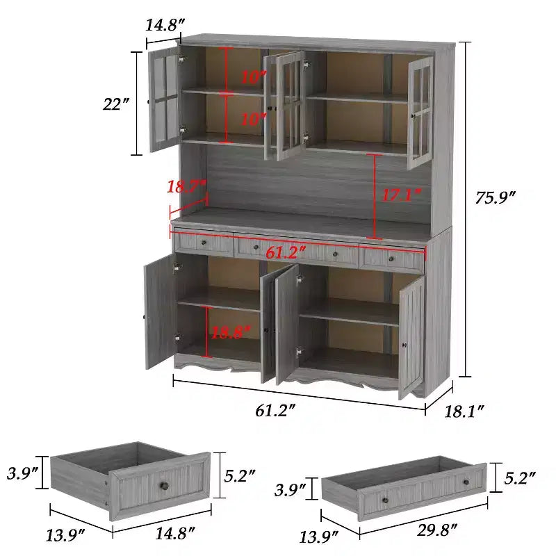 Buffet-bahut de rangement gris de 155,4 cm avec garniture de base ornée