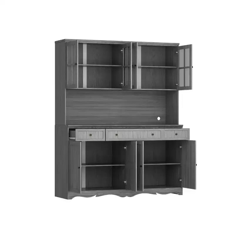 Buffet-bahut de rangement gris de 155,4 cm avec garniture de base ornée